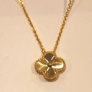 Clover Laser Gold Color Necklace 15mm Pendant. Stainless Steel,Hupoallergenic.